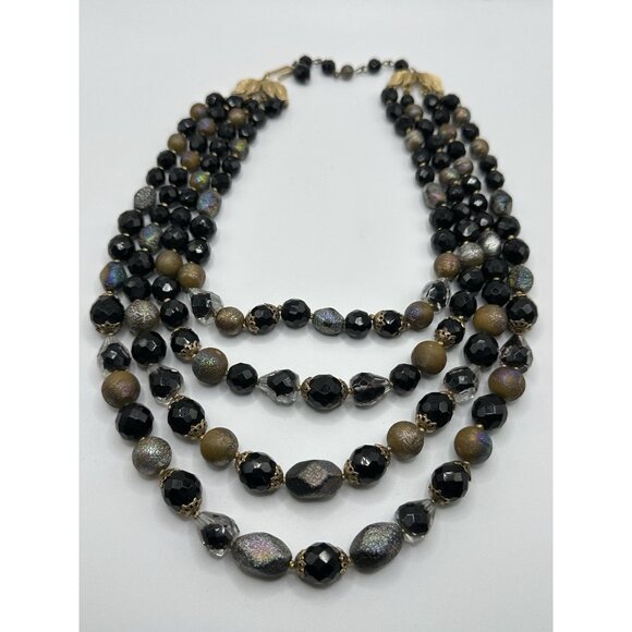 Stunning TRIFARI Black Iridescent Glass 4 Strand Beaded Necklace 15-17” - Picture 2 of 11